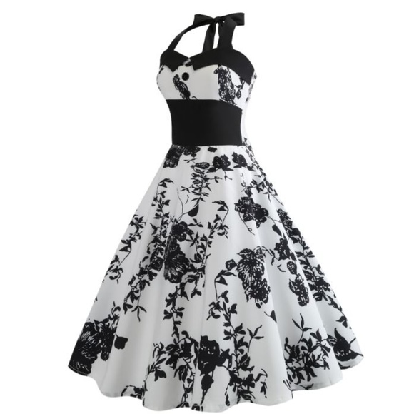 White and Black Flower Halter Top Dress - Picture 2 of 5